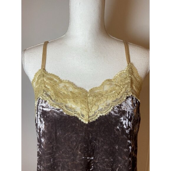 25 South Y2K Crushed Velvet Camisole Tank Top Tan Taupe Lace Large L - Picture 2 of 5